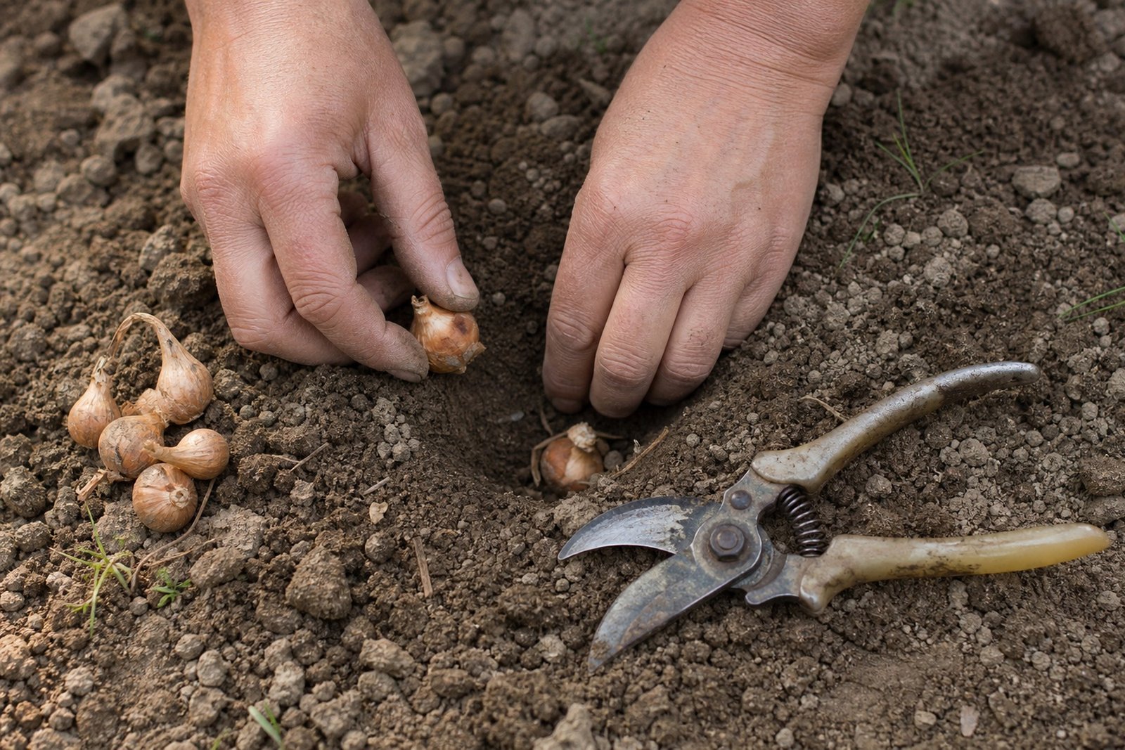 Hands planting bulbs in dry soil